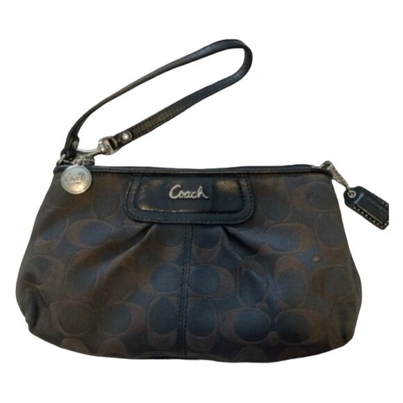 Coach Signature Logo Sufflette Clutch Wristlet Brown Black Canvas Wool Wallet - Picture 1 of 9
